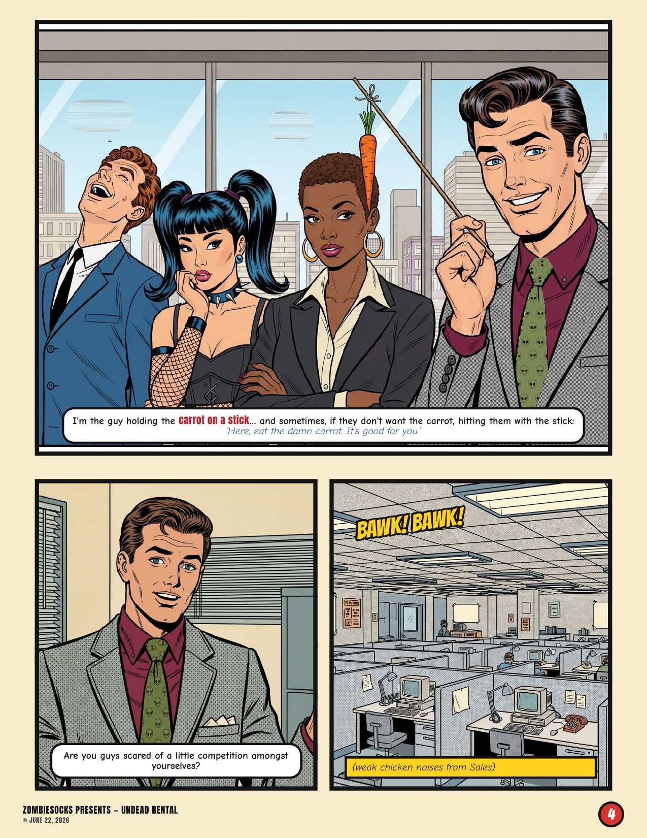 Page 4 — Jonah motivates the sales team; weak chicken noises follow.