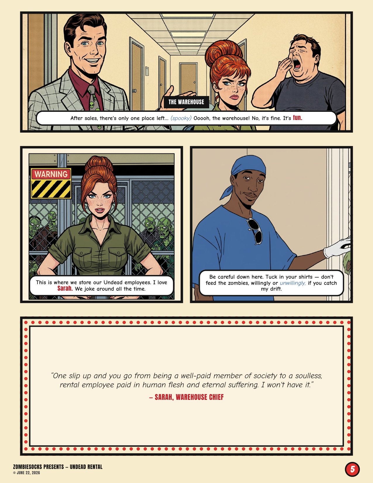 Page 5 — Sarah the warehouse chief and the undead storage floor.