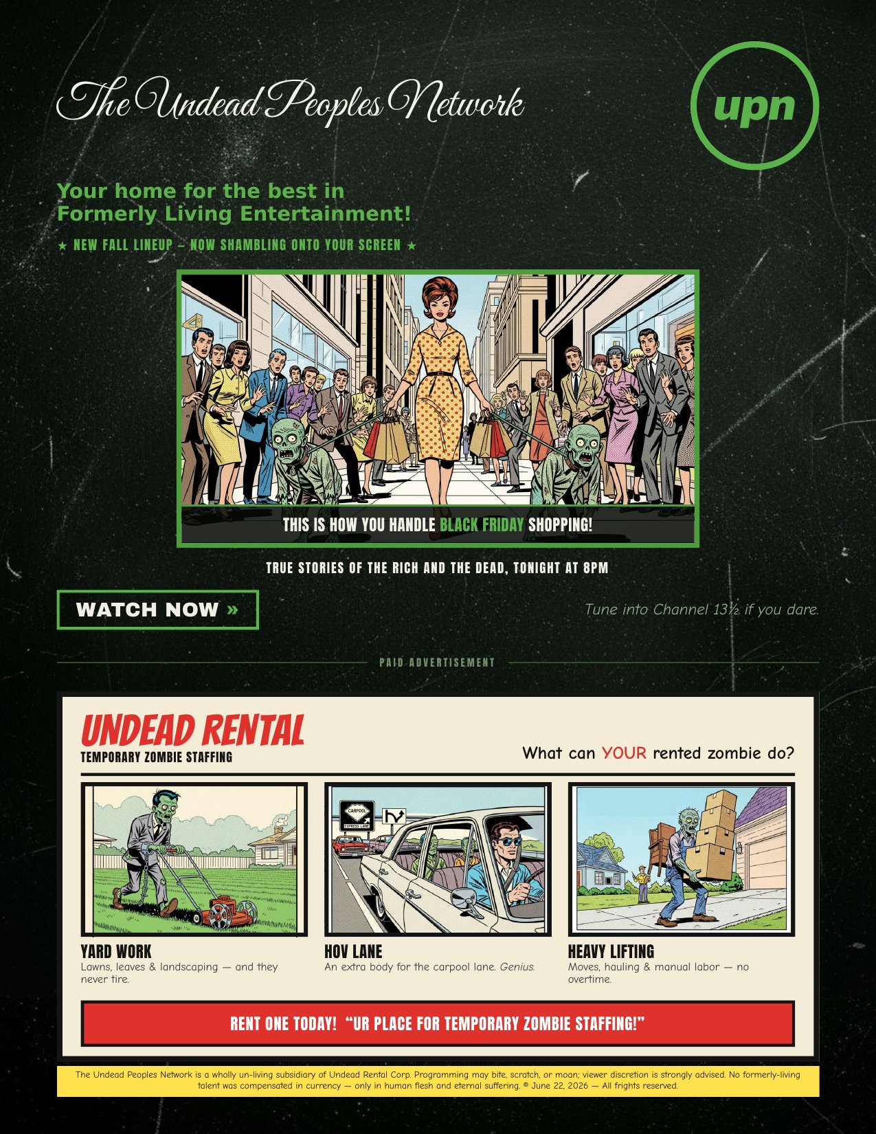 Undead Peoples Network fall lineup ad and Undead Rental classifieds.